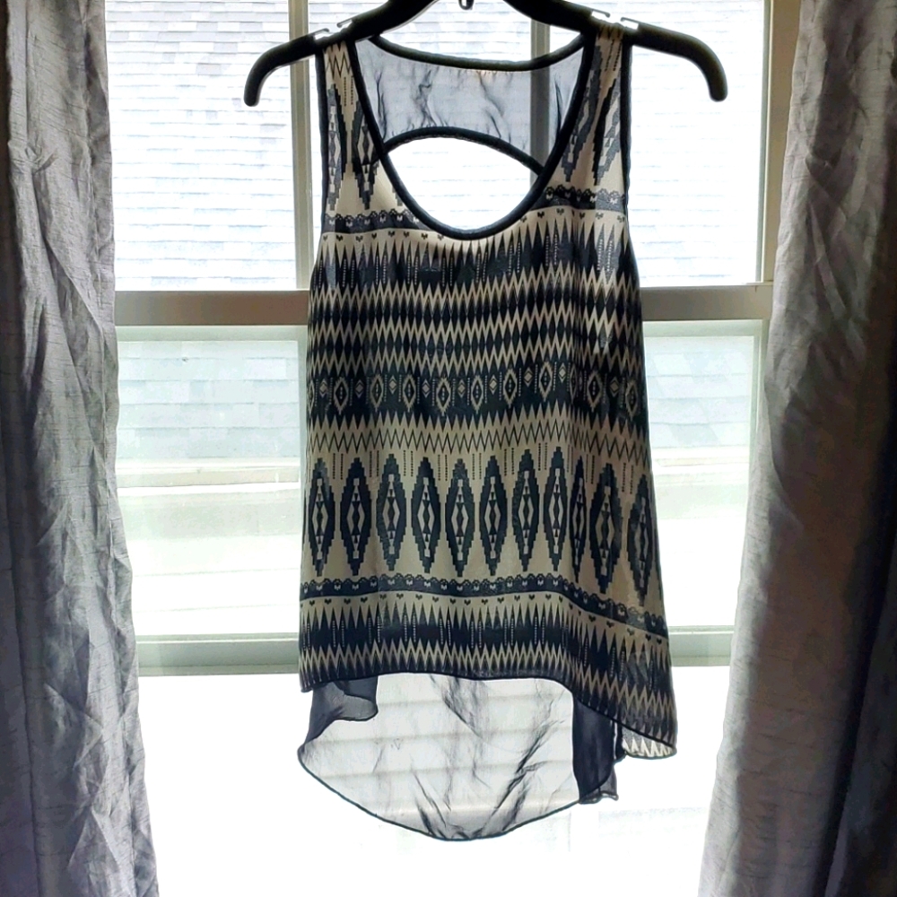 Sheer sleeveless black and white tribal tank top